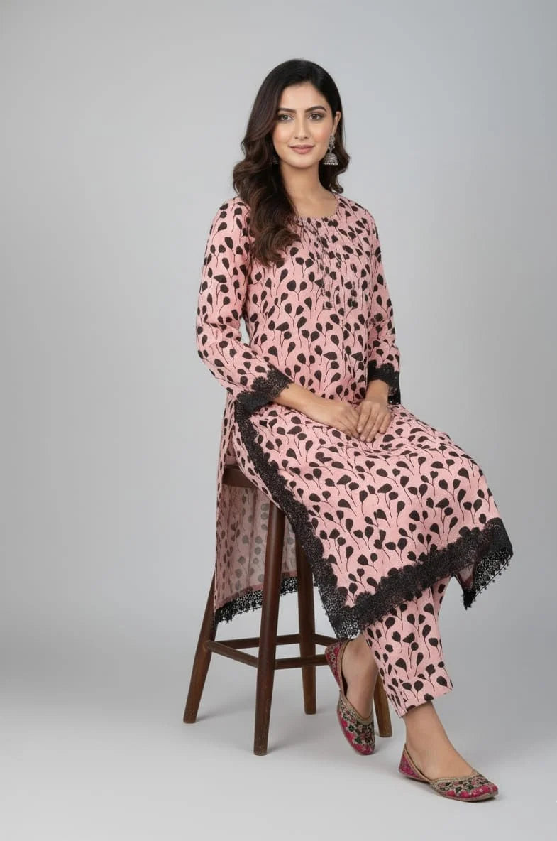 2 Piece Blush Pink Base with Black Floral Print