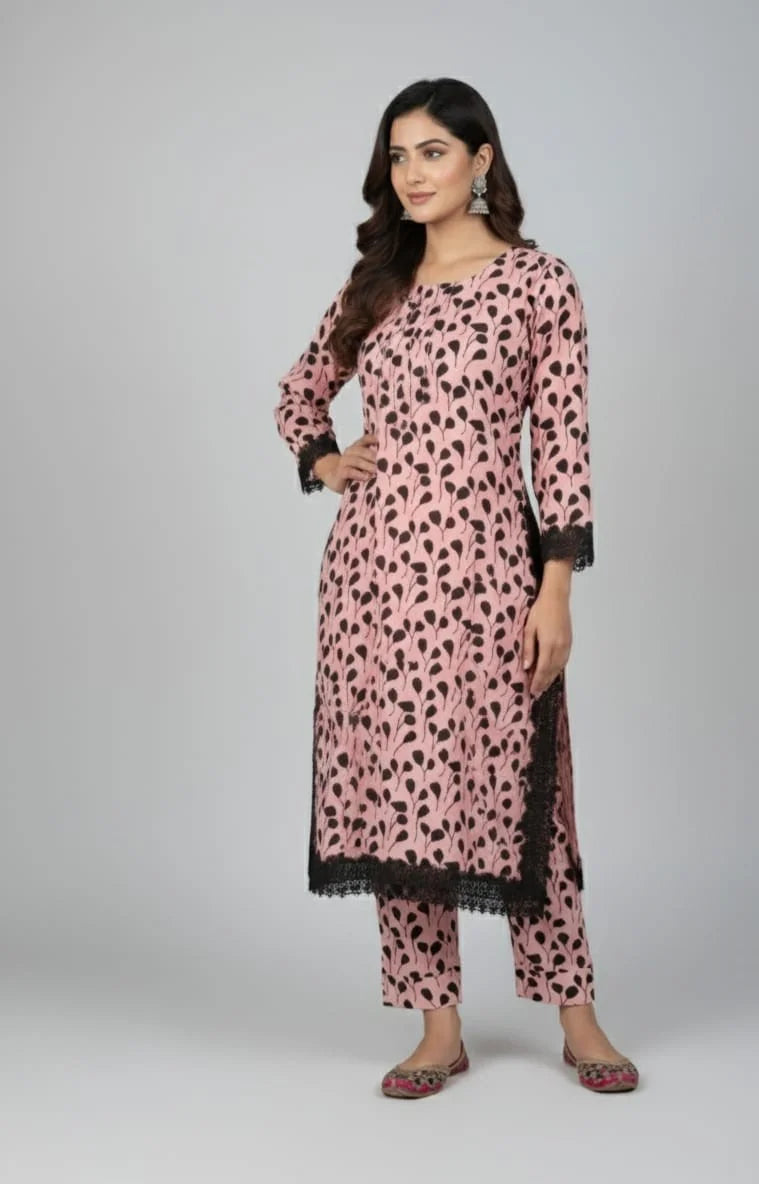 2 Piece Blush Pink Base with Black Floral Print